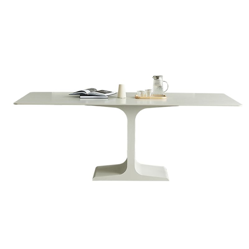 White Stone and Steel Dinner Table Rectangle Pedestal Casual Dining Table