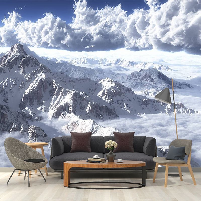 Mountain and Cloud Sea Mural Modern Non-Woven Fabric Wall Decor in White for Home