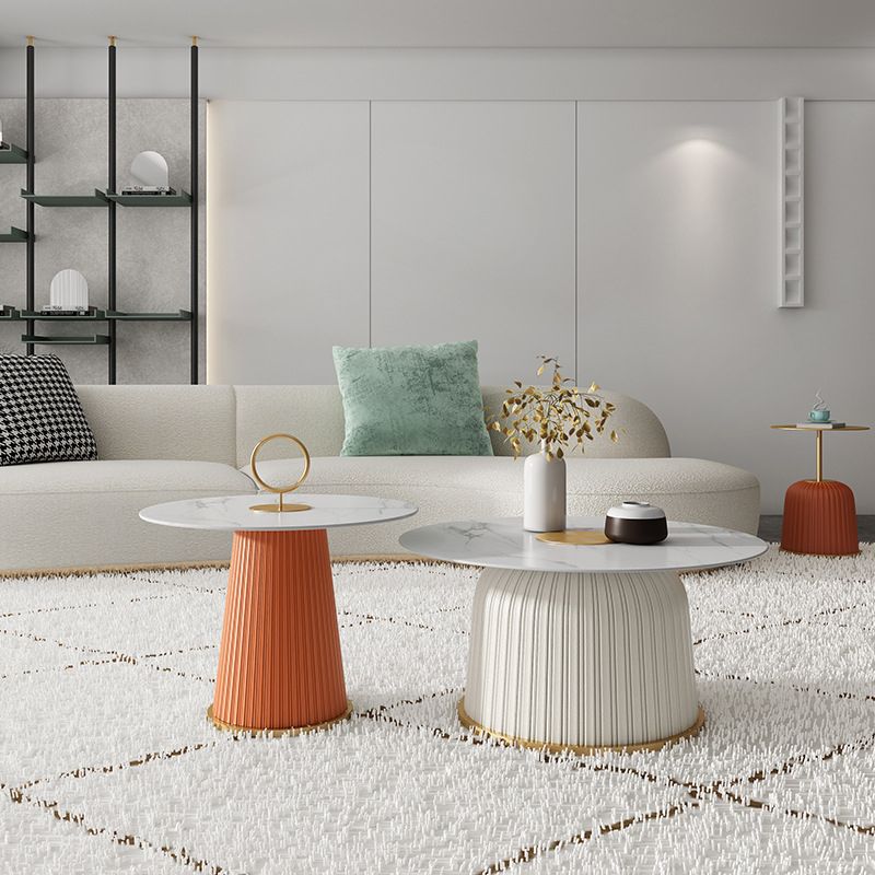 Modern Style Round Coffee Table with Drum Base Metal Design Rock Plate Top