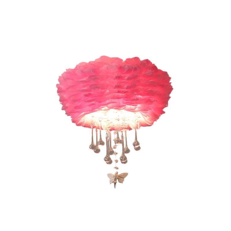 Nordic Cloud Flush Light White/Pink/Black Feather 2/3/4 Lights Bedroom Ceiling Lamp with Crystal Drop, 16"/19.5"/23.5" W