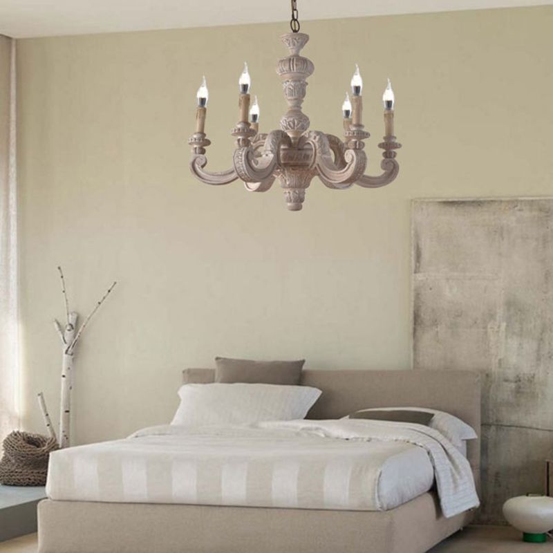 Branche Pendre lustre en bois traditionnel 6 ampoules Blanc lampe à suspension blanche pour chambre à coucher