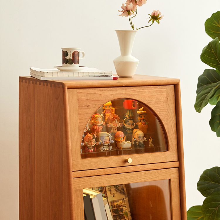 43.3" Tall Natural 1-Drawer Side Cabinet in Cherry 2 Glass Door Solid Wood Chest
