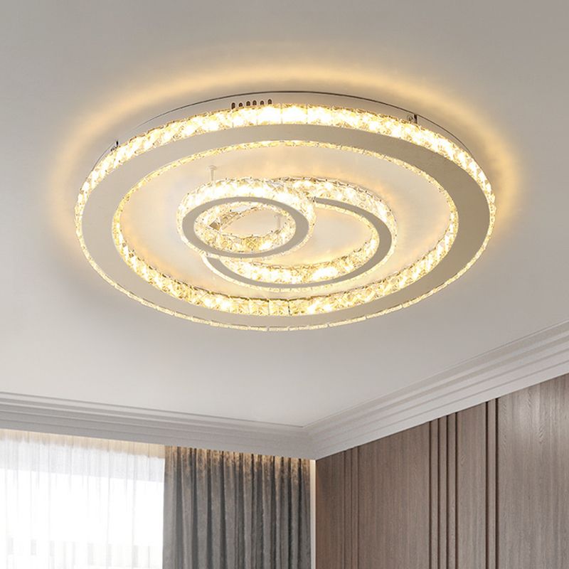 Plafonnier rond contemporain à LED en cristal transparent de 41,9 cm/52,1 cm de large, plafonnier LED pour chambre à coucher, chrome, lumière chaude/blanche