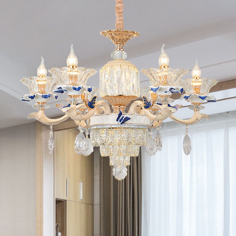 6 cabezas de comedor lámpara lámpara tradición dorada de luz colgante de luz con sombra de vidrio transparente
