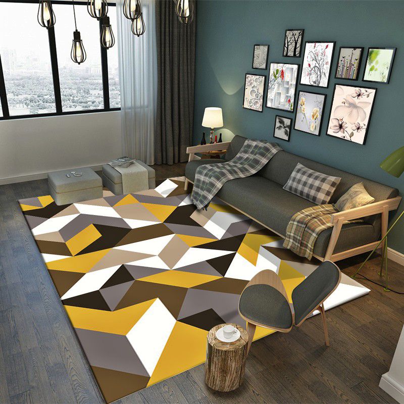 White Modern Area Rug Geometric Print Polyester Area Carpet Non-Slip Backing Rug for Home Decor