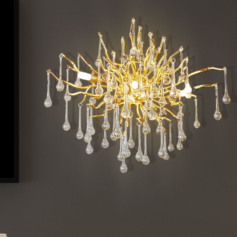 Starburst Wall Mount Light Art Deco Clear/Smoke Gray/Multicolor Waterdrop Crystal 3 Heads Gold Sconce Light Fixture