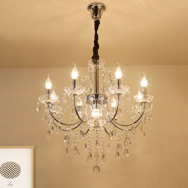 Crystal Swag Candle Chandelier Lighting Minimalist 9 Bulbs Living Room Pendant Lamp Fixture in Chrome