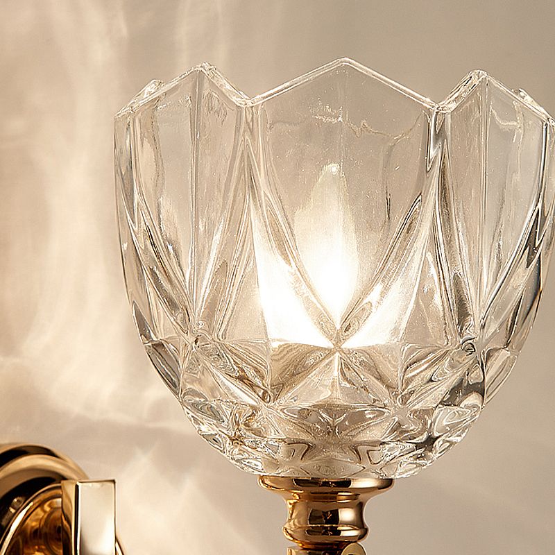 1 Head Bedroom Wall Light Modern Brass Sconce Light Fixture with Bowl/Cylinder Clear Glass Shade