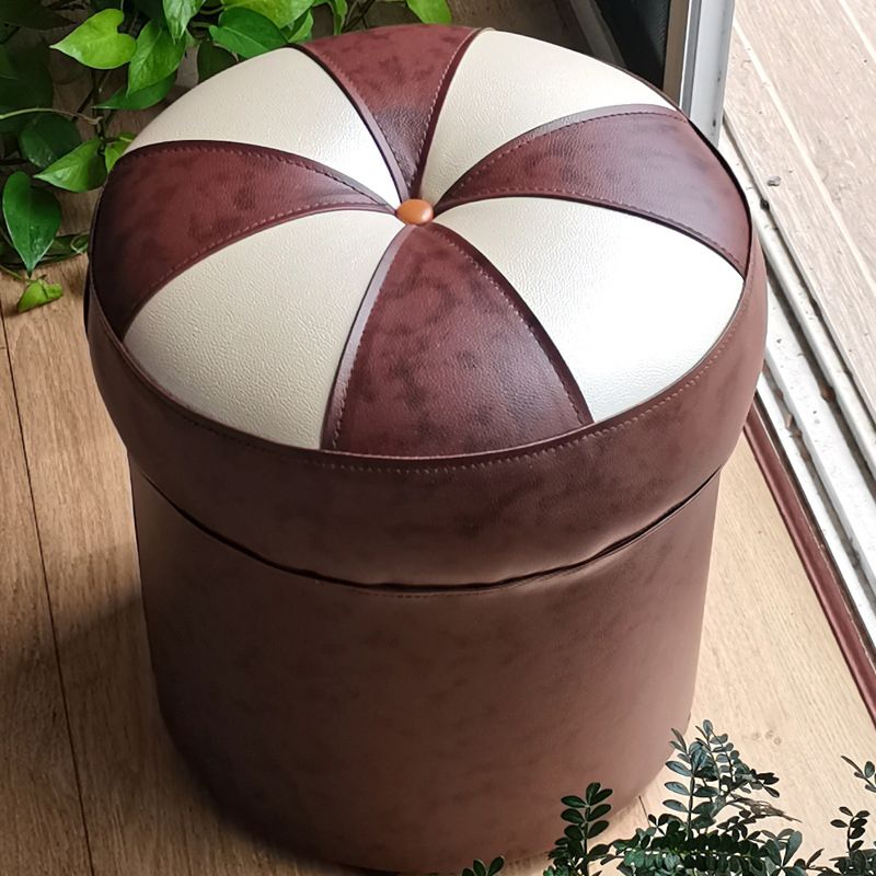 Mid-Century Modern Pouf Ottoman PU Leather Upholstered Tufted Patchwork Round Ottoman