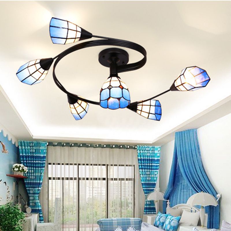 Tiffany Flower Semi Flush Light Stained Glass Ceiling Mounted Light for Living Room