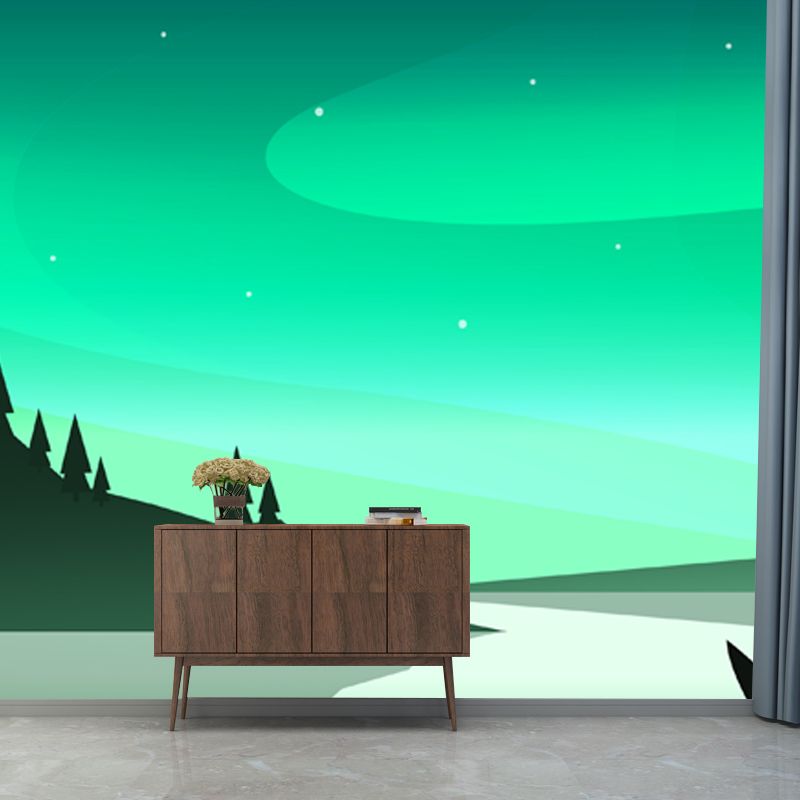 Nordic River Night Scene Mural in Green Stain Proof Wall Covering for Living Room