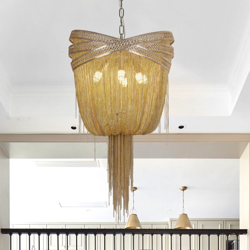 Gold/Silver 4/6/8 Lights Chandelier Lighting Rustic Metal Draped Beaded Hanging Light Fixture, 16"/19.5"/23.5" Wide