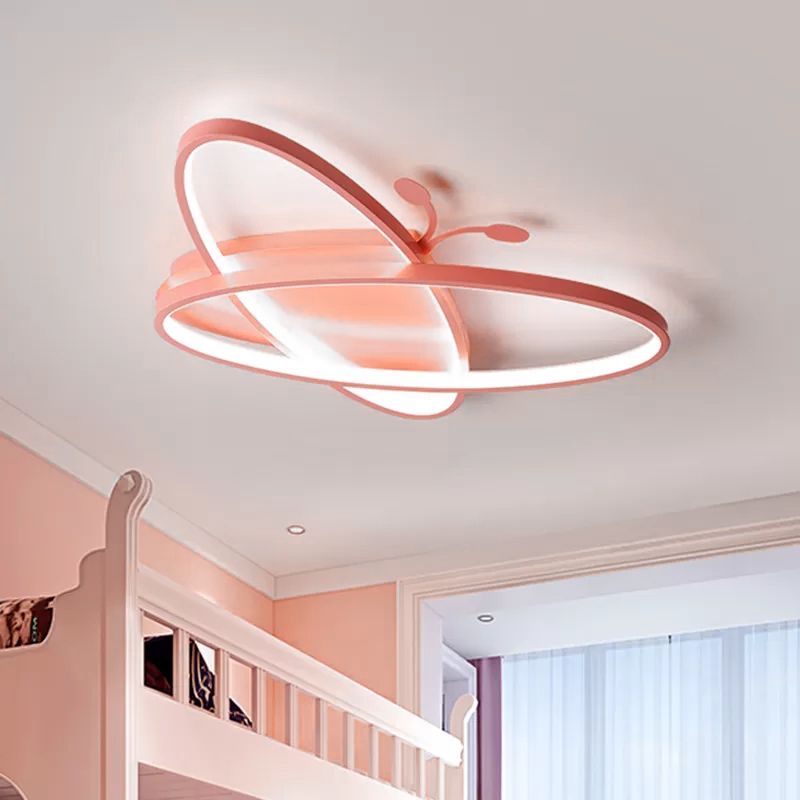 Pink / Blue Butterfly Ceiling Lamp Kids Style Iron LED Flush Mounted Light for Kindergarten