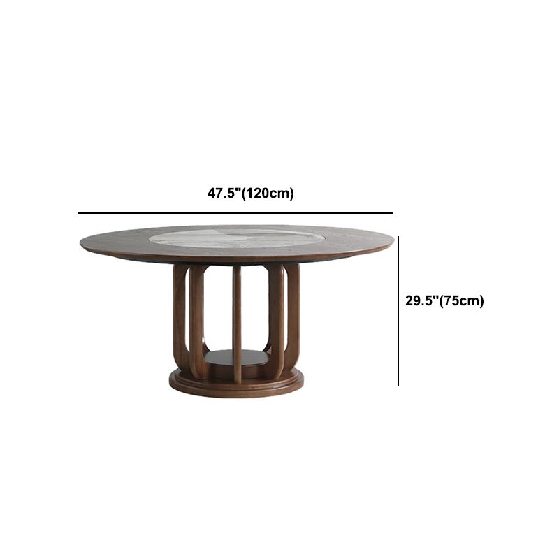 Walnut Color Solid Wood Round Dining Table Round Turntable Furniture with Pedestal Base