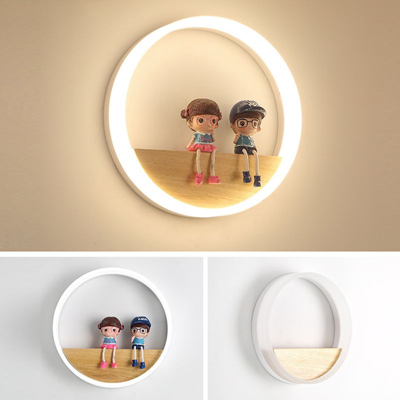 Circular Acrylic LED Wall Sconce Lighting Nordic Wooden Shelf Wall Lamp for Bedroom