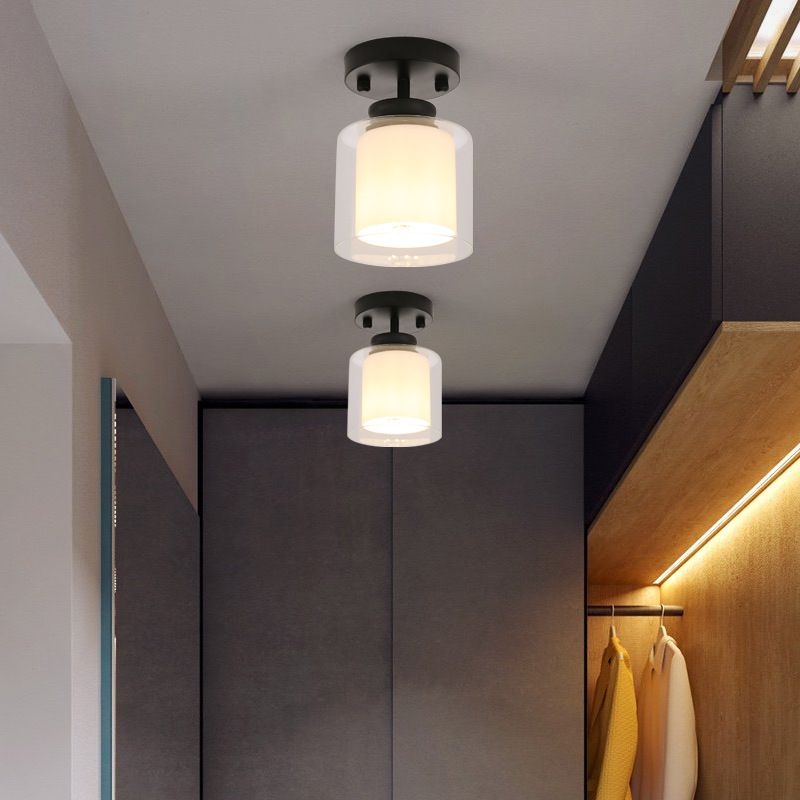 Black/Silver/Gold Finish Cylinder Semi Flush Ceiling Light with Glass Shade Contemporary 1 Bulb Semi Flush Light Fixture