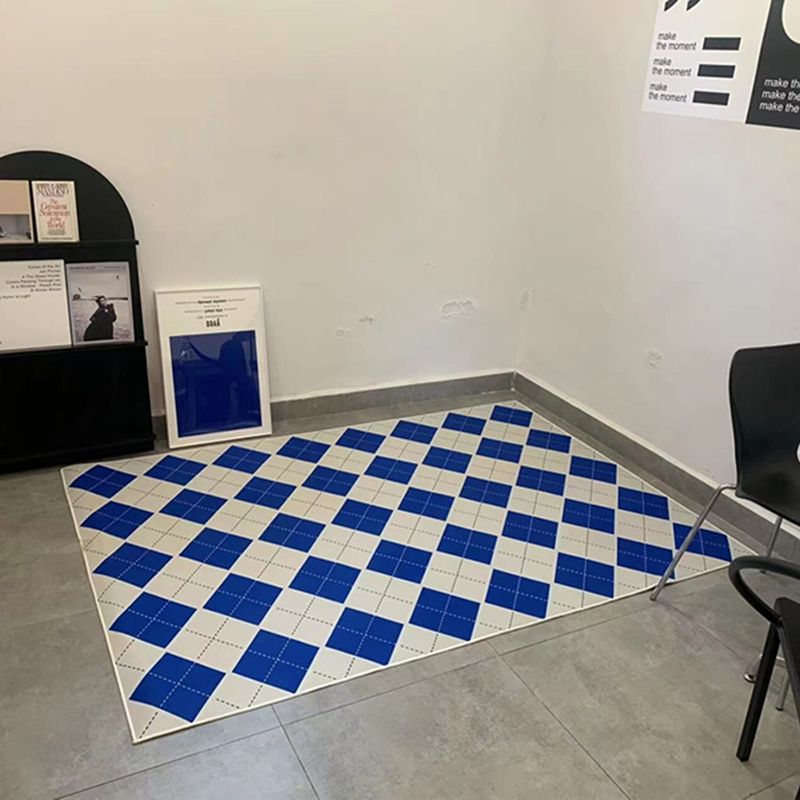 Sapphire Blue Modern Rug Polyester Grid Rug Washable Rug for Living Room