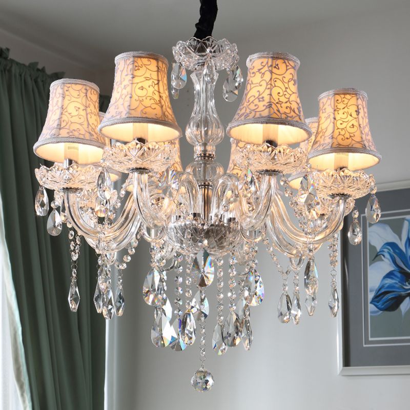 Chandelier à morsure floral blanc Travalage traditionnel 8 têtes Pendre salle à manger avec des gouttelettes en cristal transparent