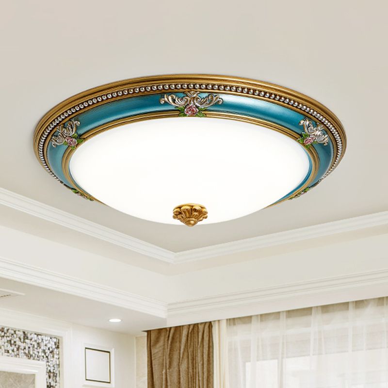 LED Flush Ceiling Lighting with Dome Shade White Glass Farmhouse Bedroom Flush Mount in Blue, 15"/18"/20.5" Width