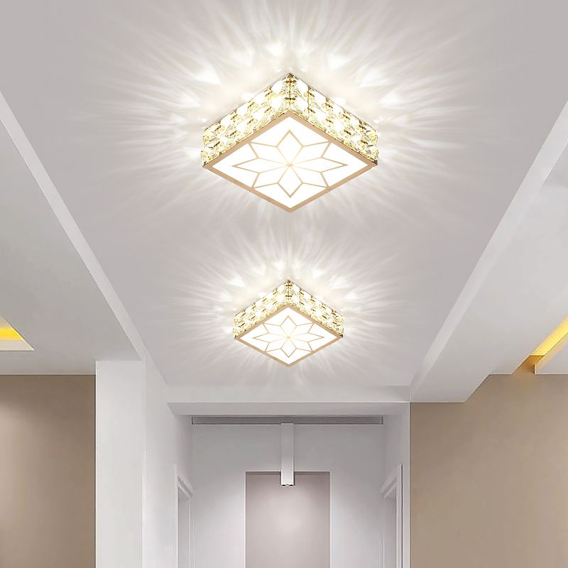 Square Ceiling Mount Light Fixture Simple Crystal Embedded Clear LED Flush Mounted Light for Hallway
