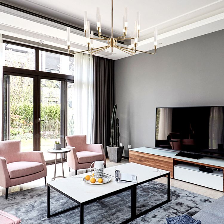 Gold Metal Pendant Light Mid-Century Cylindrical Clear Glass Shade Chandelier Lighting for Living Room