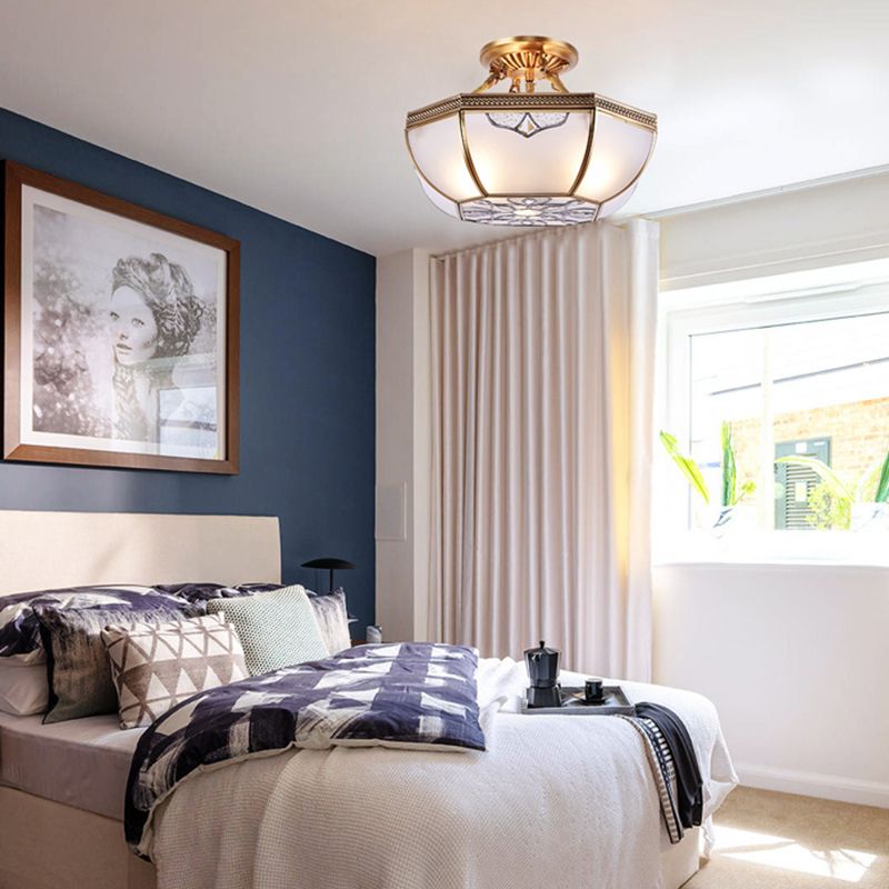 Brass Dome Semi Flush Mount Lamp Traditional Milk Glass 3 Bulbs Ceiling Mounted Light for Living Room