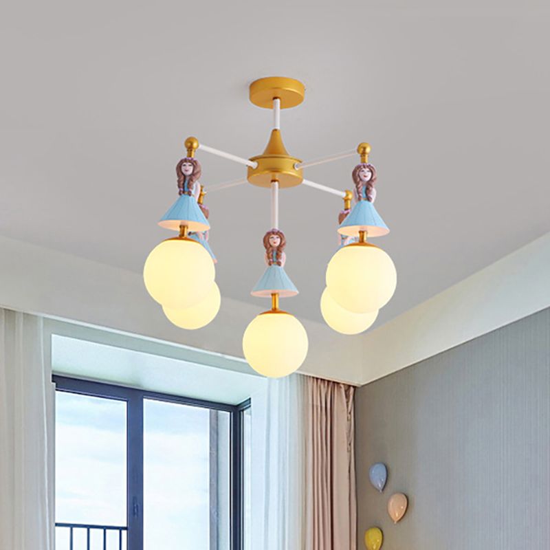 Child Bedroom Little Girls Chandelier with Globe Shade Wood 5 Lights Kids Pendant Light