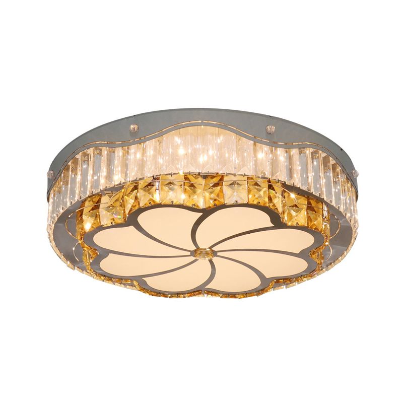 LED Clear Crystal Blocks Flushmount Contemporary Stainless-Steel Drum Parlor Ceiling Lamp with Windmill Pattern