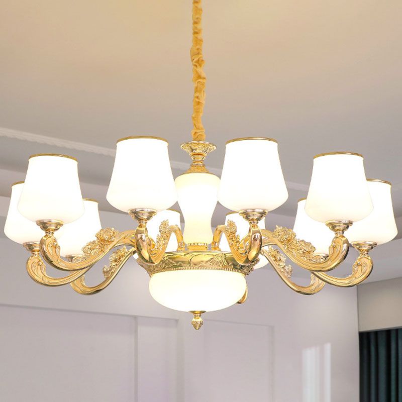 Colgante cónico colgante simple accesorio de iluminación de lámpara de oro de vidrio blanco con brazo desplazado