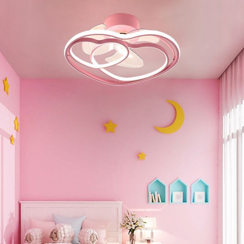 Heart Shaped Semi Flush Mount Fan Lamp Cartoon Metal Bedroom LED Ceiling Fan with Light