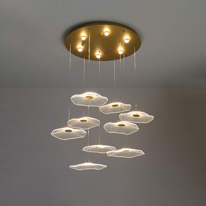 Lotus Leaf Staircase LED Suspension Light Acrylic Contemporary Multi Light Pendant in Gold