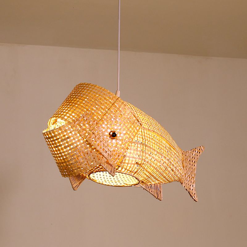 27.5" Wide Japanese Style Carp Hanging Light Bamboo Weaving Creative 1-Light Pendant for Restaurant