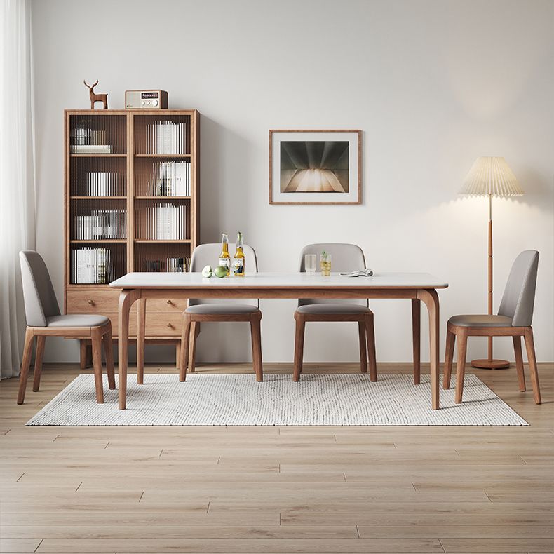 Modern Rectangular White Stone Top Dining Table with 4 Walnut Legs
