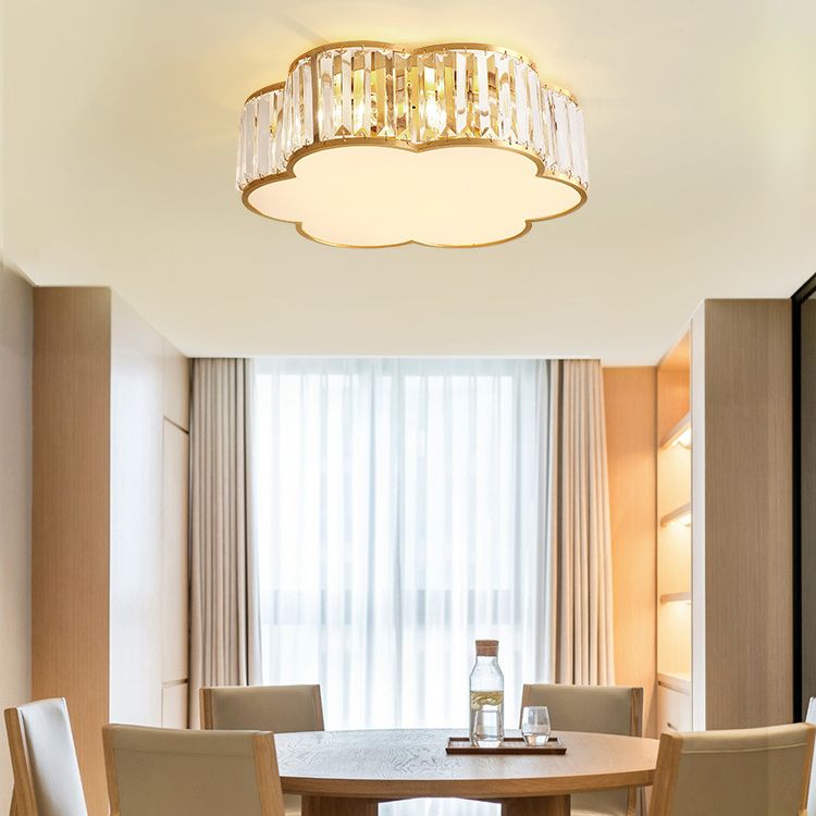 Plafonnier d'intérieur en cuivre à montage encastré pétaloïde de luxe colonial avec abat-jour en cristal