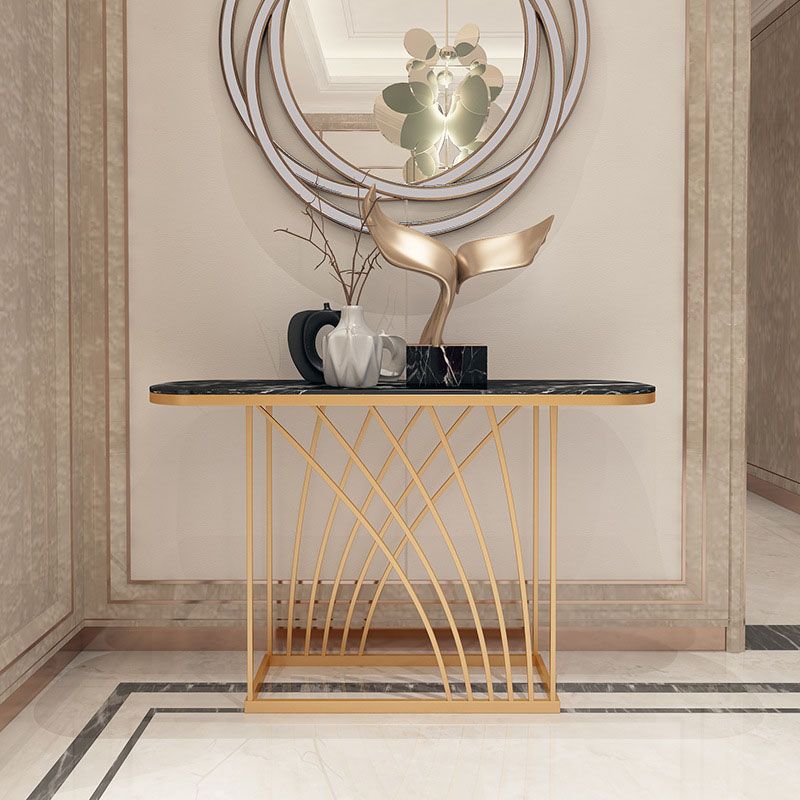 Glam Iron Console Sofa Table Oval Marble Console Accent Table for Hall