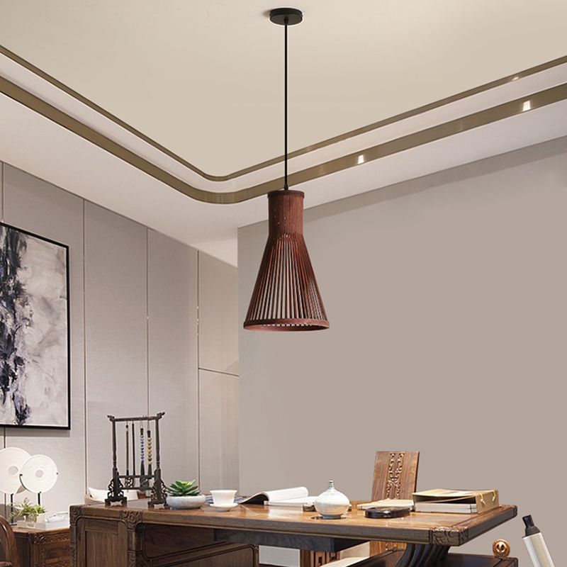 Cone Pendant Light Fixture Modern Bamboo 16"/18"/23.5" H 1 Light Beige/Brown Down Lighting for Dining Room