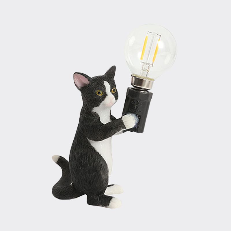 Tabby Cat Holder Table Lamp Kids Iron 1 Bulb Black/Yellow/Blue Nightstand Light with Bare Bulb Design