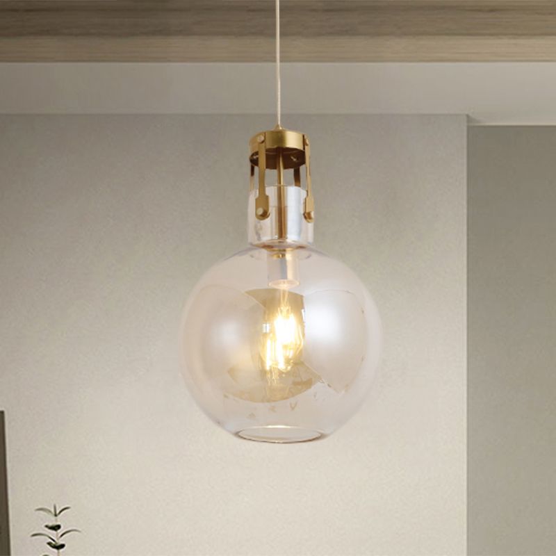 1-Light Bedside Pendant Lamp Postmodern Brass Hanging Light with Ball Cognac Glass Shade