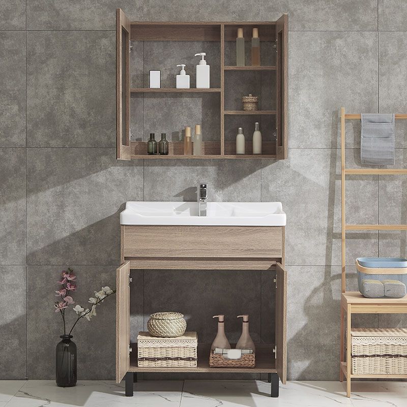 Wood Bathroom Vanity Rectangle Single Sink Mirror Freestanding Vanity Set with 2 Doors