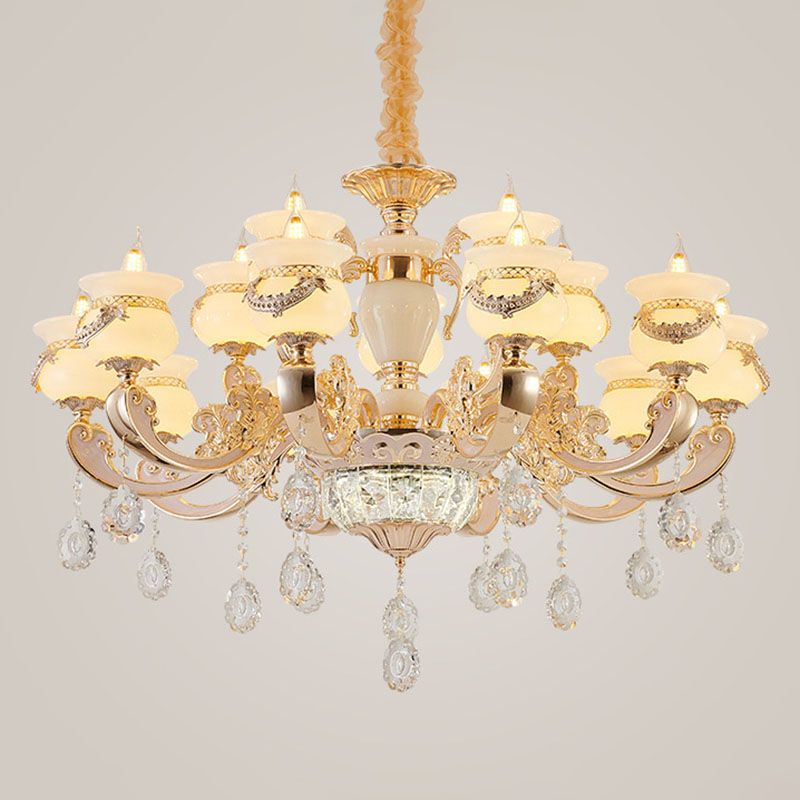 Gold Candle Pendant Chandelier Country Jade Living Room Hanging Lighting with Crystal Accent