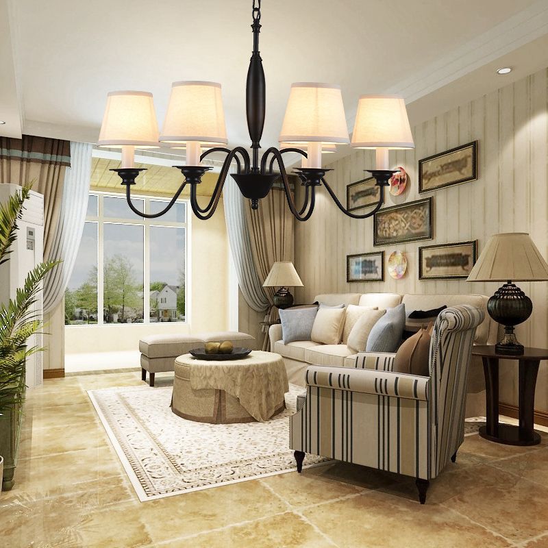 Sputnik Metal Chandelier Lighting Modernist 6/8 Heads Hanging Ceiling Lamp in Black with Cone Fabric Shade