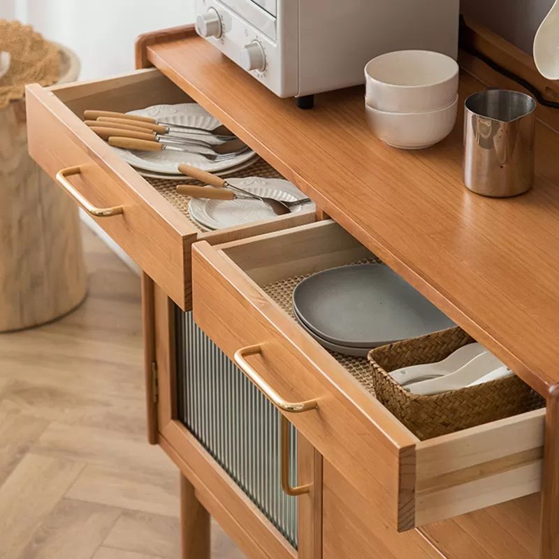 Contemporary Dining Hutch Pine Glass Doors Storage Cabinet for Living Room