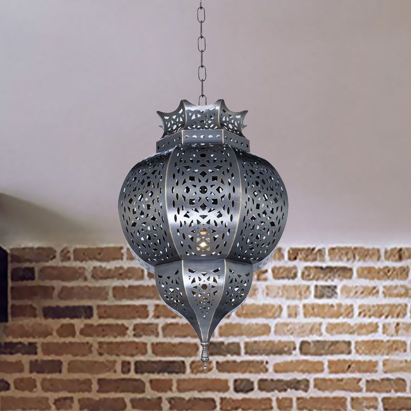 Traditional Gourd Shaped Hanging Lamp 1 Head Metal Ceiling Pendant Light in Grey