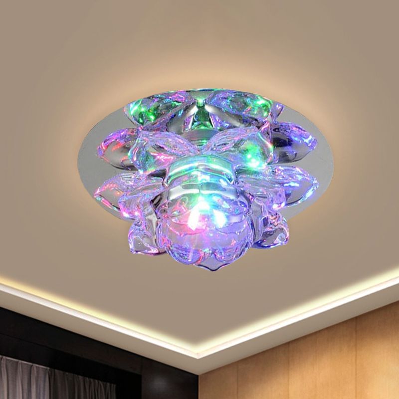Clear Faceted Crystal Lotus Flush Ceiling Light Modern LED Lighting Fixture for Bedroom in Warm/White/Multi Color Light
