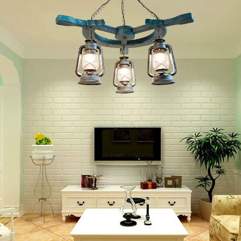 3 Lights Living Room Chandelier Light Industrial Blue Pendant with Kerosene Clear Glass Shade