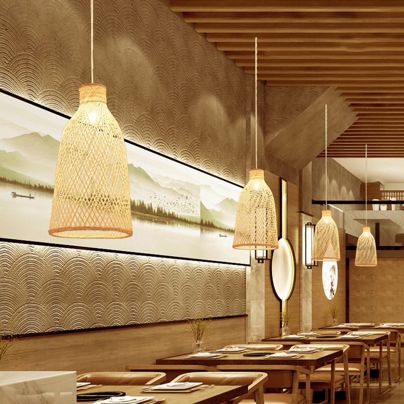 Handmade Bamboo Suspension Lighting Minimalist 1 Head Wood Pendant Ceiling Light for Tea Room