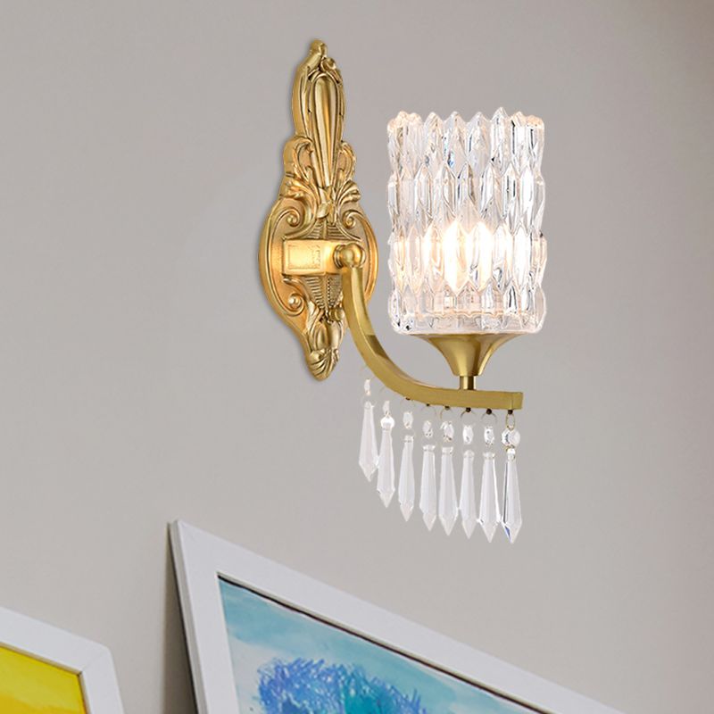 Colonne d'or Colombe Mur Walle Fixture Postmodern 1 Bulbe Clear Crystal Mur Wall Éclairage avec gouttelettes