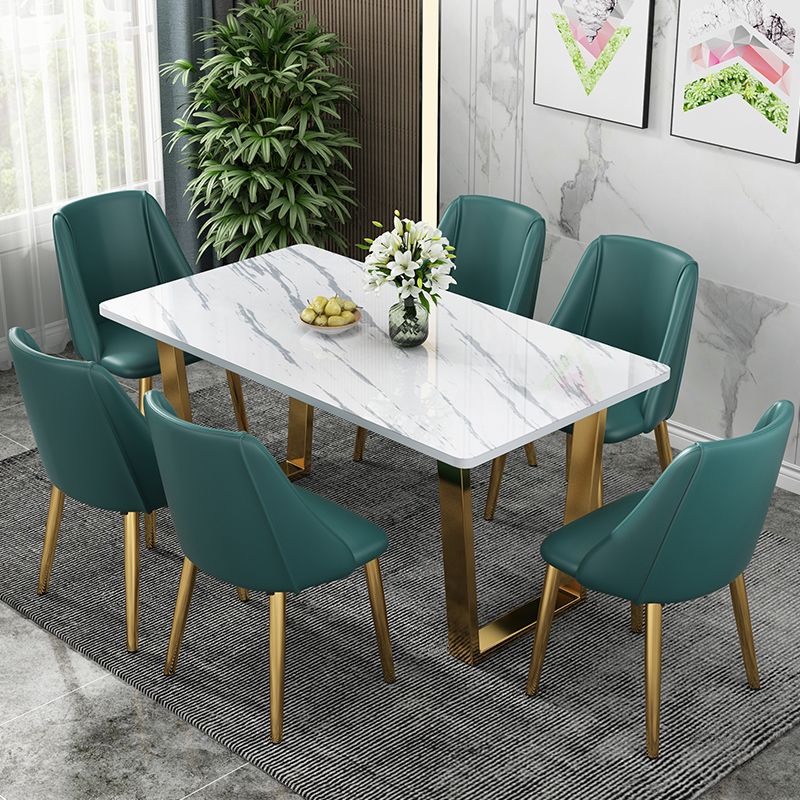 Metal Traditional Luxury Rectangle Table intérieure Table de pierre fritrée blanche avec base de traîneau