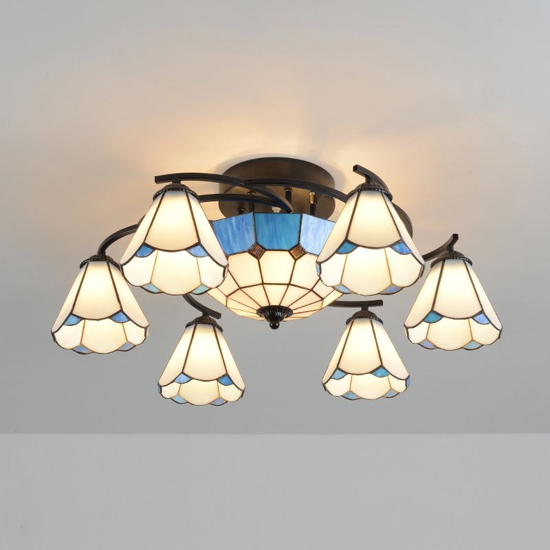 Mediterraan Bloemplafond Flush Licht bevlekte kunstglas Semi Montage verlichting voor slaapkamer