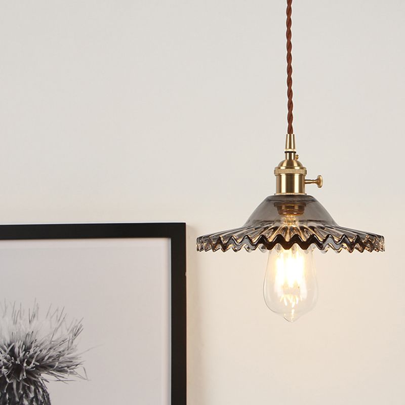 Scalloped Glass Shade Hanging Ceiling Light Vintage Industrial 1-Light Living Room Drop Pendant